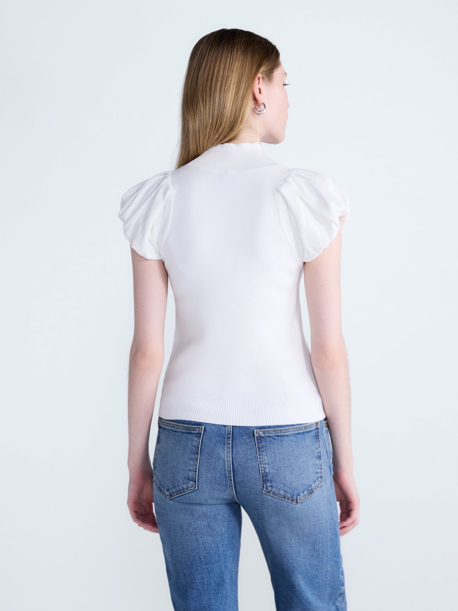 Scoop Women's Mock Neck Top with Bubble Cap Sleeves, Sizes XS-XXL