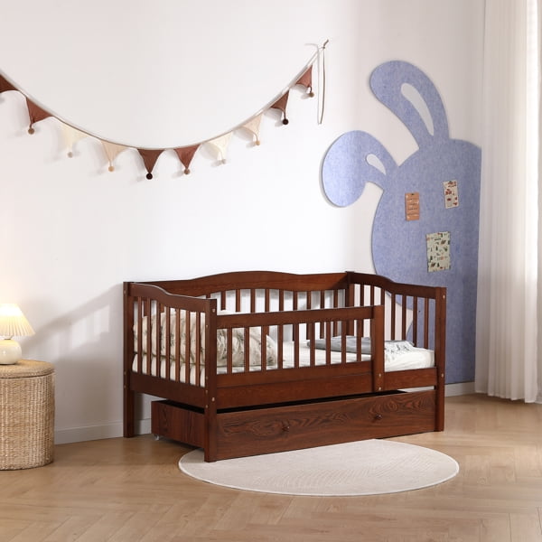 Pine Toddler Bed with Safety Side Rails & Bottom Drawer, Timeless Design for Nursery/Kid's Bedroom