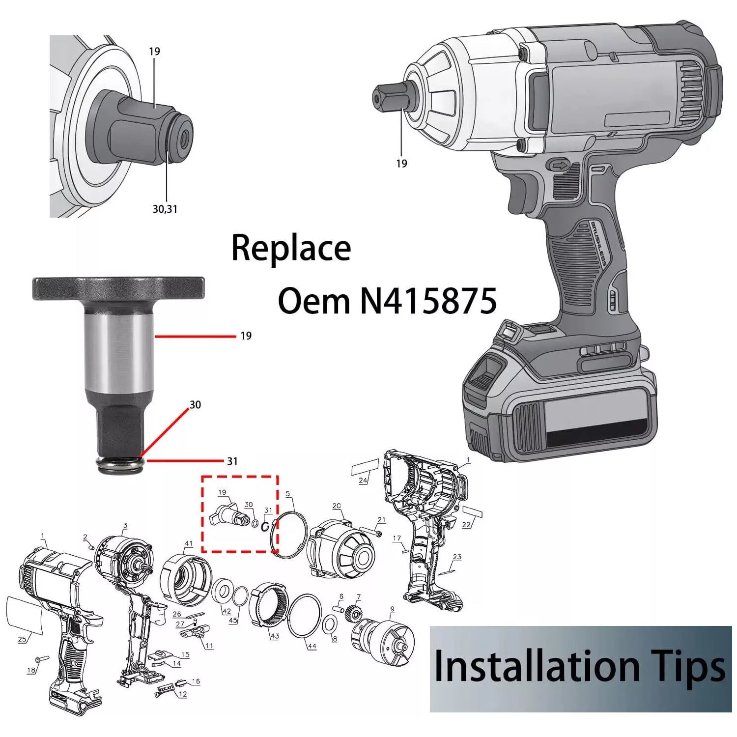 For 18V MAX XR 1/2'' Impact Wrench Anvil Assembly DCF899HB