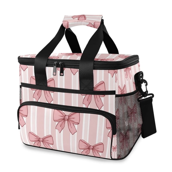 Pink Stripes Bows Portable Cooler Lunch Box Reusable Insulated Lunch Bag Leakproof 15L
