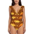 thumbnail image 2 of Yiaed Dinosaurs and Leaves Print Women's Ruffled One Piece Swimsuit V Neck Swimwear Slimming Monokini for Woman-Large, 2 of 8