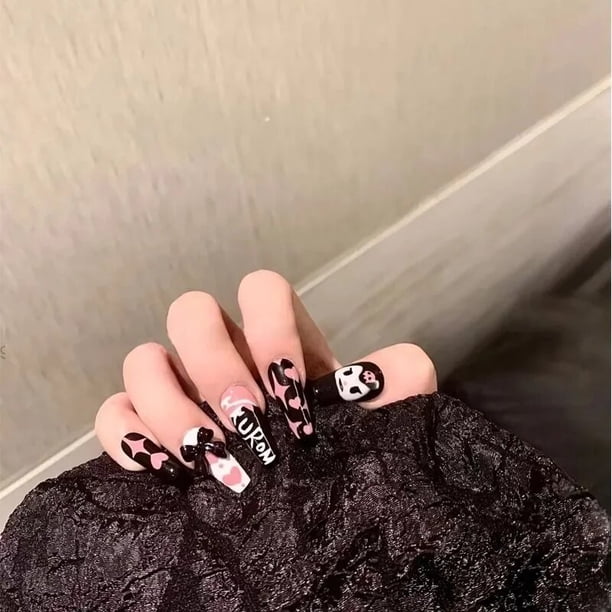 Sanrio-dibujo animado de Hellokitty con armadura de dopamina, lindo Kawaii, manicura mediana y larga, Anime, se puede usar varias veces, uñas falsas