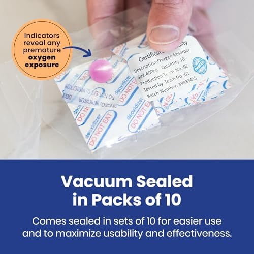 300cc Oxygen Absorbers - 100 Count (10x Packs of 10) with Indicator - for Long Term Food Storage, Mylar Bags, Canning, Harvest Right Freeze Dryer, Dehydrated, & Preserved Foods - FDA Food Safe