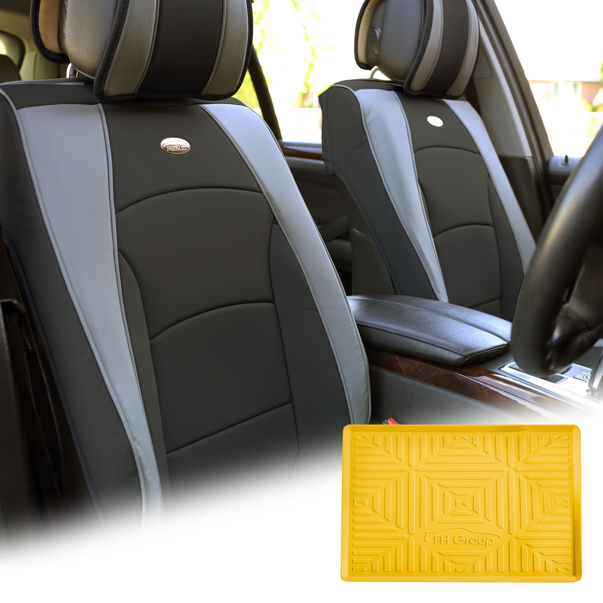FH Group Gray Black Leatherette Front Bucket Seat Cushion Covers for