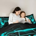 thumbnail image 4 of Manfei Neon Cyan Gamepad Twin Bedding Sets 7-Piece, Geometric Honeycomb Bedding Comforter Set, Teen Boy Girl Kid Reversible Sheet Sets, Luxury Bedroom Decor, 4 of 7