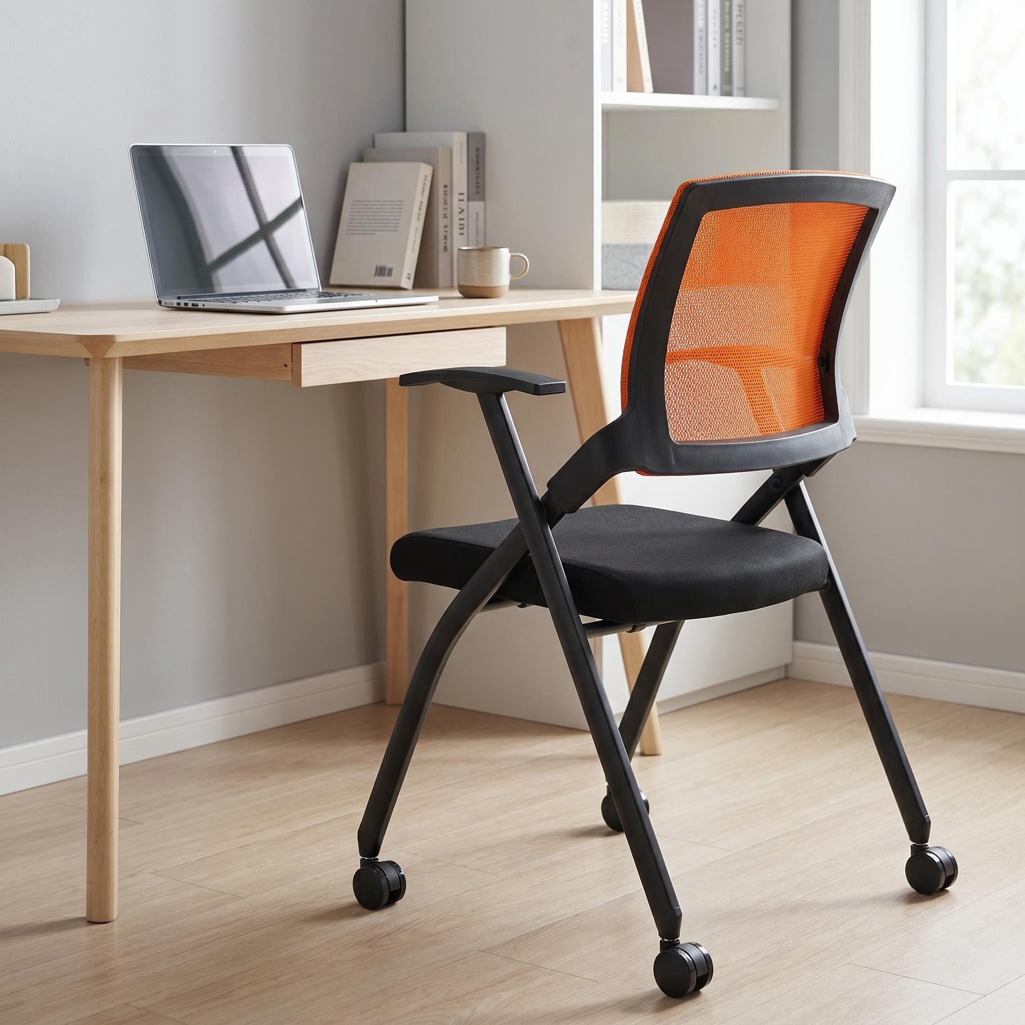 2 Pack Stackable Conference Room Chairs with Wheels, Folding Office Chair with Rebound Back, Padded Seat for Training Room, Guest, Reception, Event, Capacity 350lbs, Orange