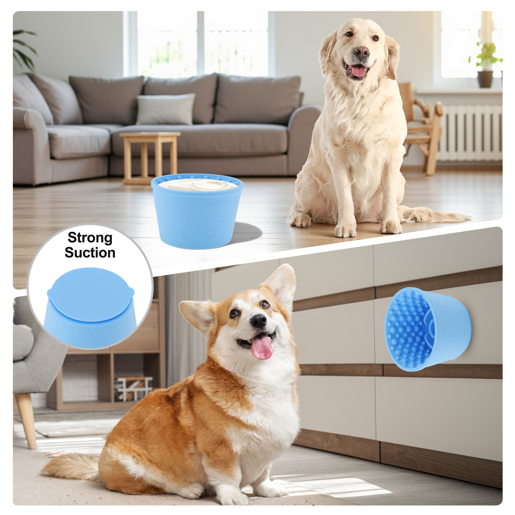 Unique Bargains Slow Feeder Dog Bowls Silicone Dog Lick Bowl with Brush & Scraper Non-Slip Base Slow Feeder for Anxiety Alleviating & Oral Health Lake Blue