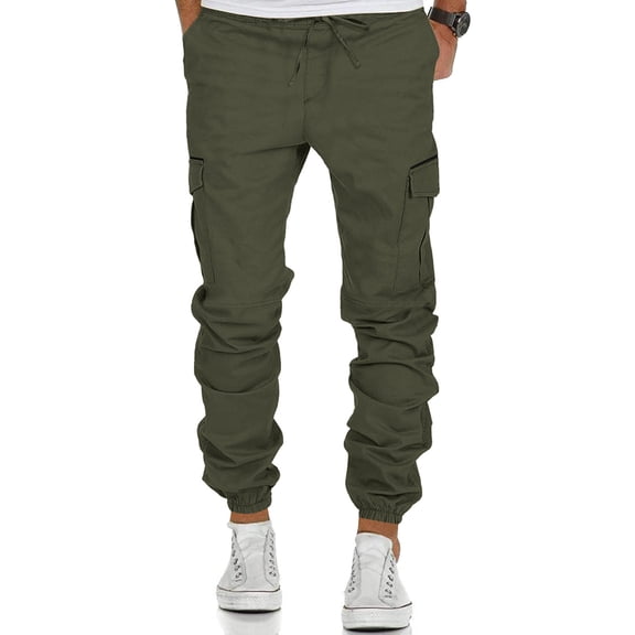 Work Cargo Pants for Men Solid Color Slim Fit Casual Stretch Joggers Pants with Drawstring Track Pants for Travel Training Running Army Green L
