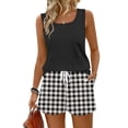 thumbnail image 3 of Gingham Check 2-Piece Set for Women - Solid Square Neck Tank Top & Elastic Waist Drawstring Shorts with Pockets, Vintage Summer Picnic Outfit Black L, 3 of 9