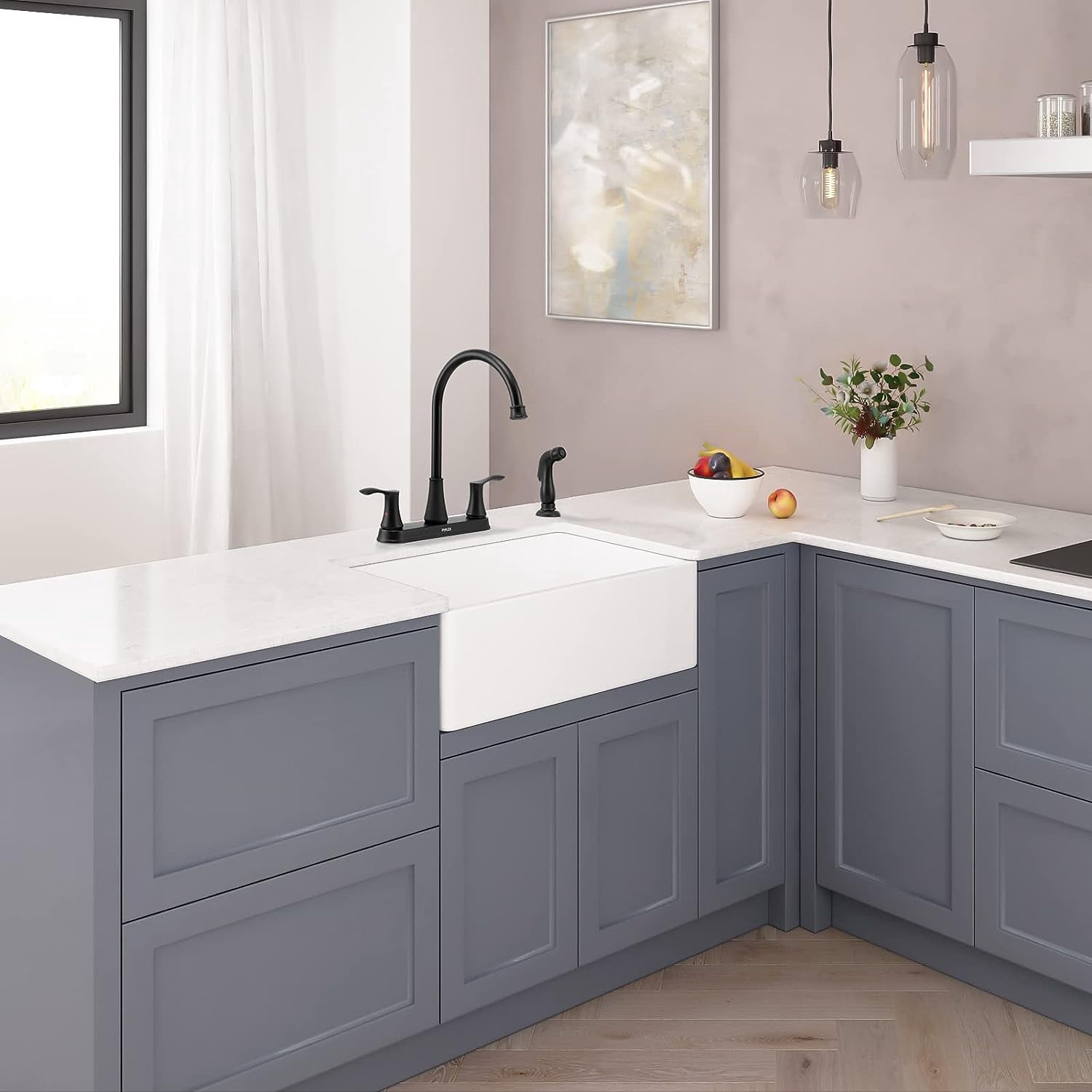 PARLOS 8 Inch Two Handles High Arch Kitchen Sink Faucet with Side Sprayer & Supply Lines, Matte Black
