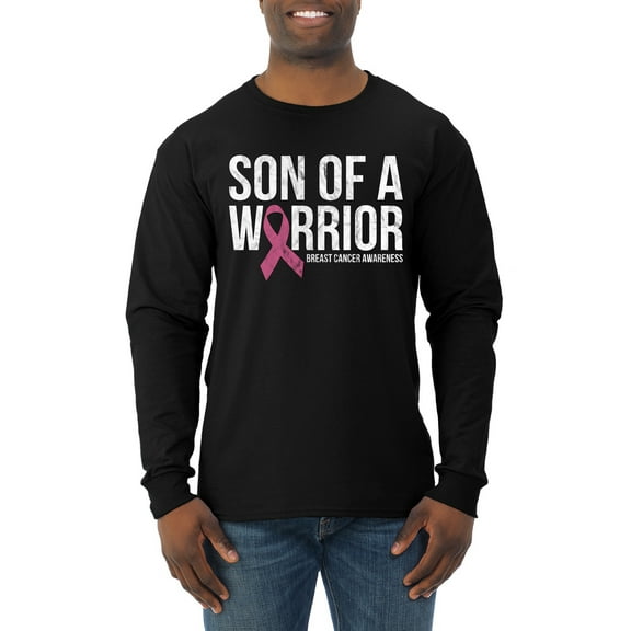 Wild Bobby Son of A Warrior Breast Cancer Ribbon Breast Cancer Awareness Men Long Sleeve Shirt, Black, Small