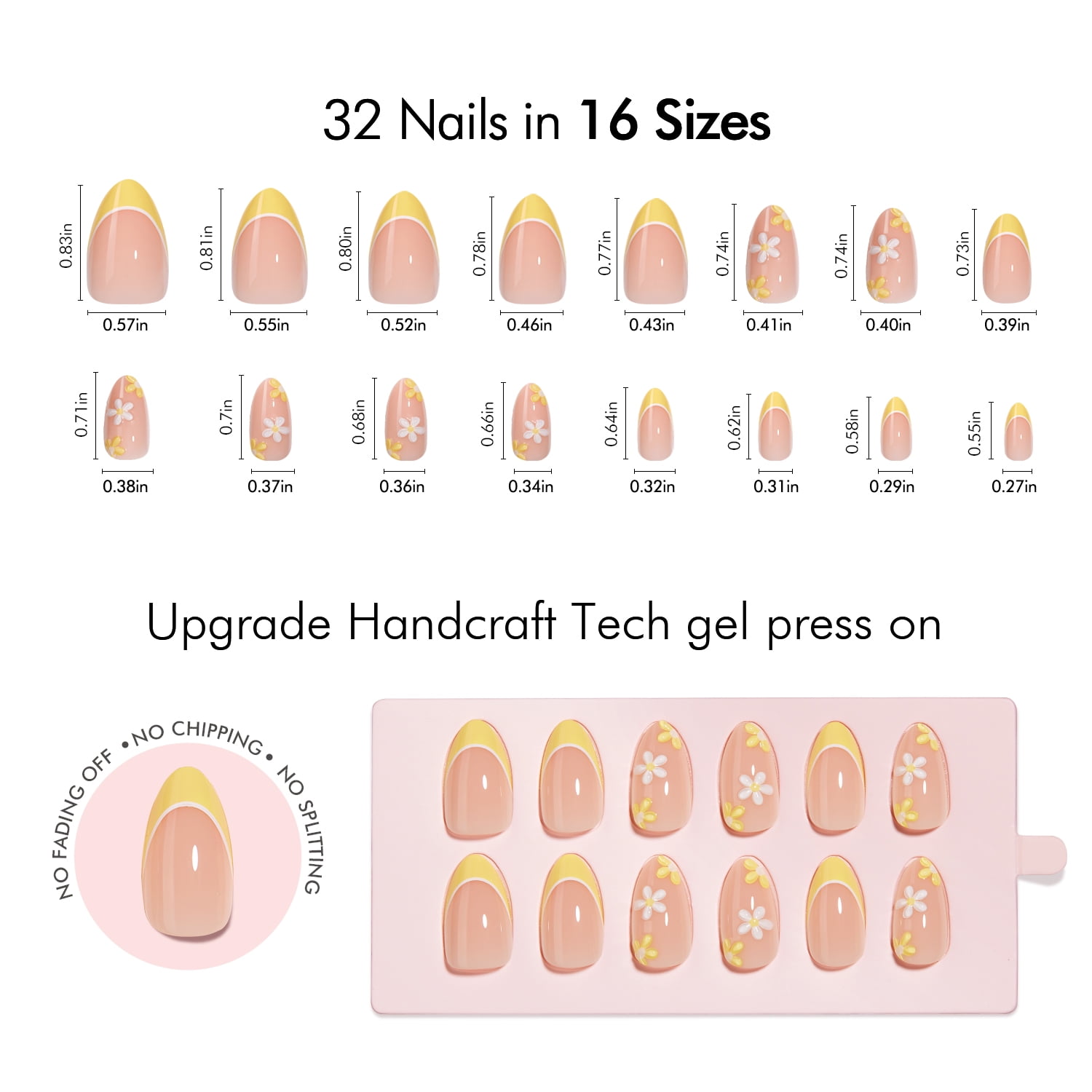 VSALON Press on Nails Short Almond - Lemon Yellow French Tip 3D Flower Design Fake Nails Kit, Reusable Semi-Transparent Gel Glue on Nails with Glue & Cuticle Oil - 32 PCS Stick on Nails in 16 Sizes