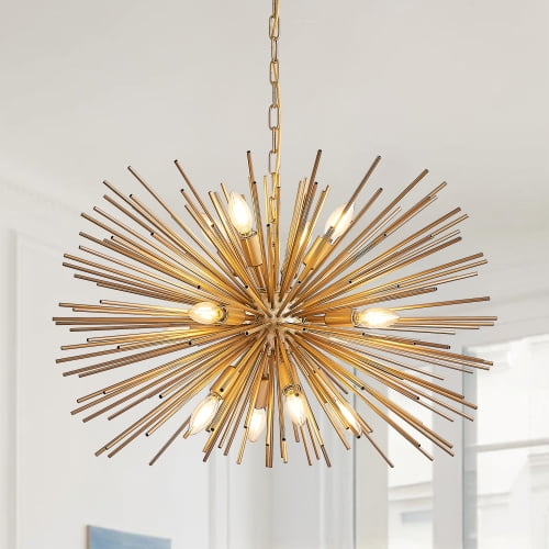 Lámpara Starburst moderna de 12 luces de mediados del siglo de 29 pulgadas - luminaria colgante Sputnik de oro para sala de estar, comedor o vestíbulo