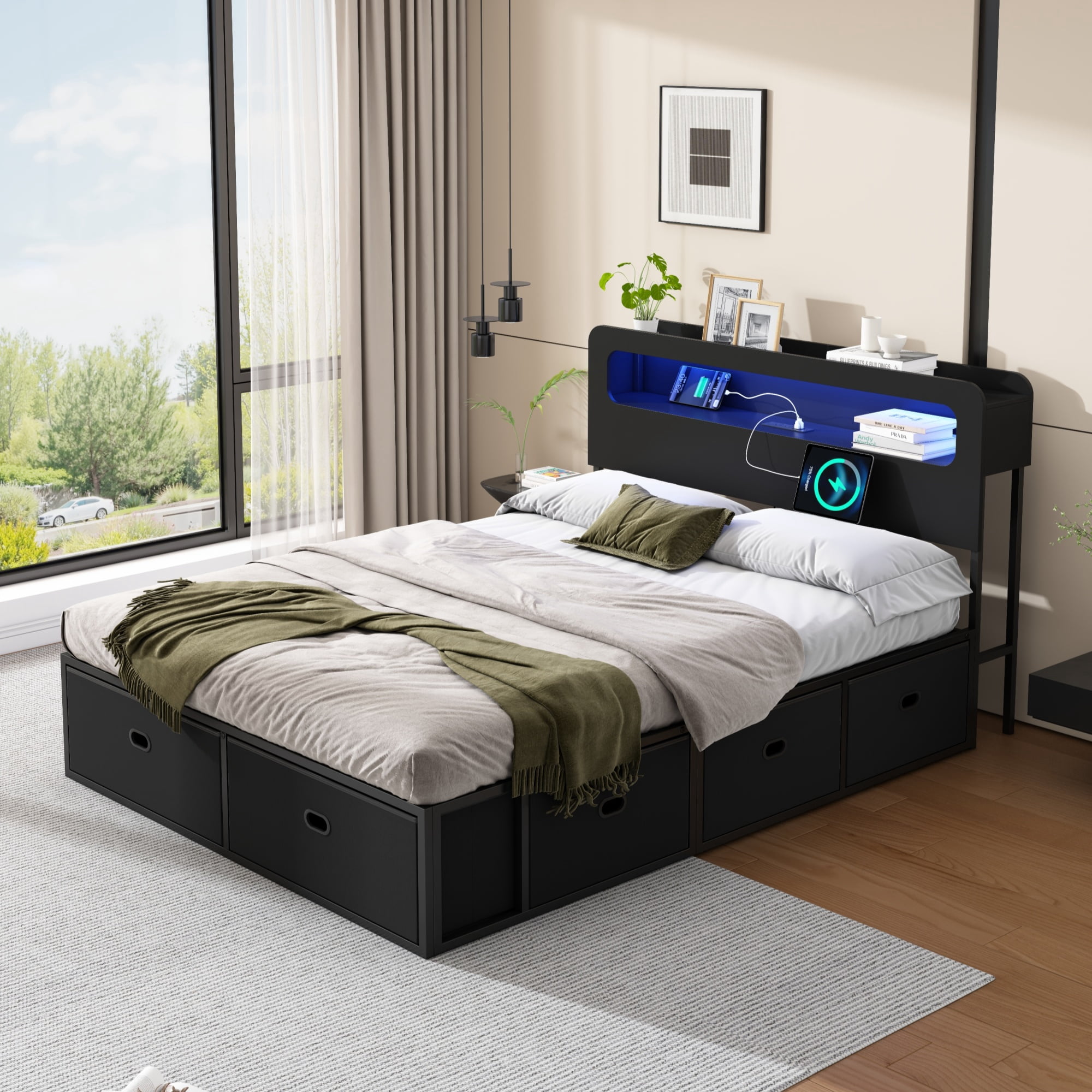 Mintazer Queen Size Bed Frame with LED Headboard, Modern Platform Bed Frame with Charging Station & 8 Fabric Underbed Storage Drawers, Black