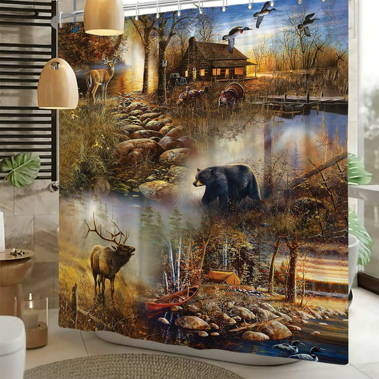 Rustic Country Style Wildlife Shower Curtain Black Bear Moose Deer In Foggy Forest Farmhouse Cabin Curtains For Kids Boys Mens Bathroom Decor 72x72 Inch Polyester Fabric Com