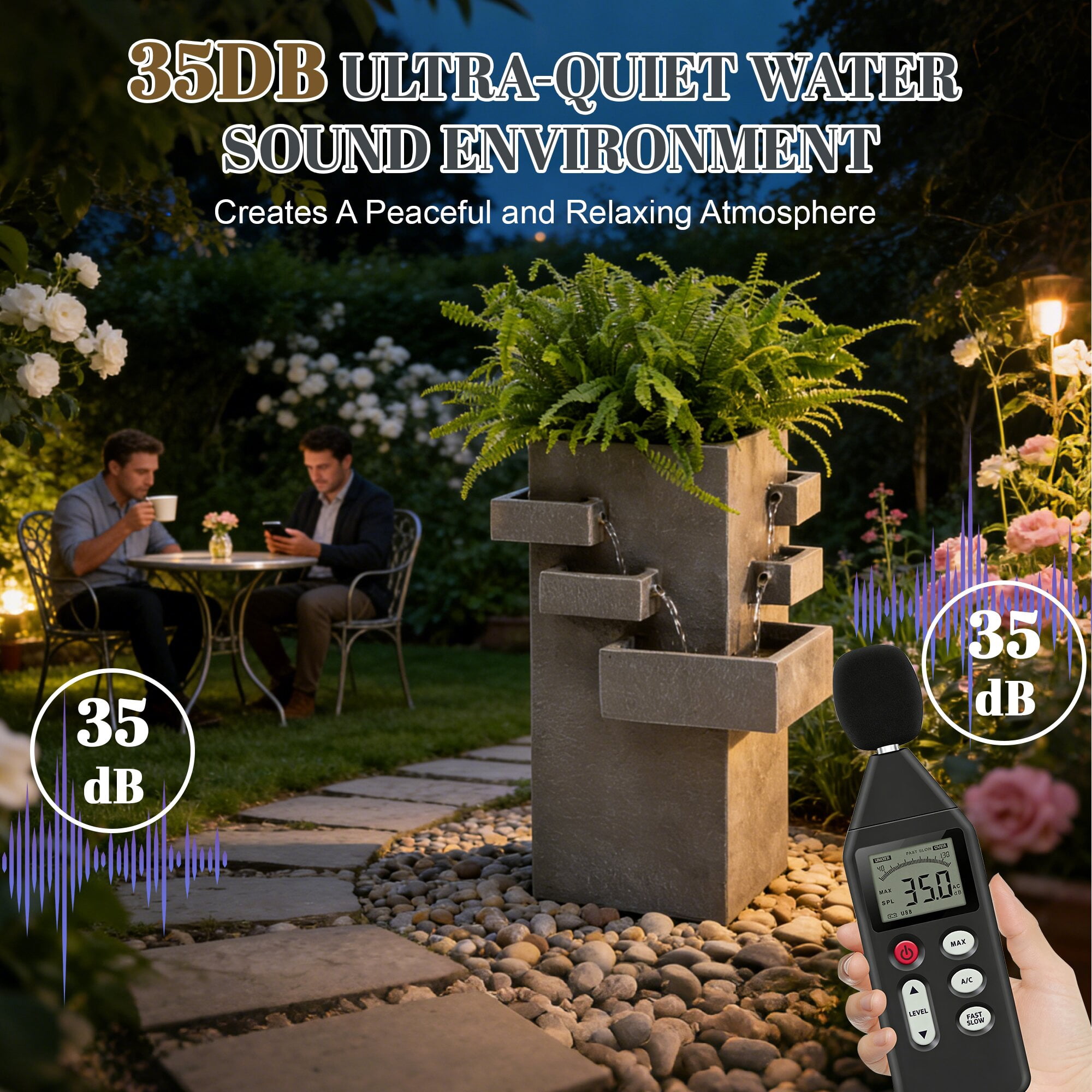 Kaluomm Outdoor Water Fountain 28" Modern Square, Textured Resin Cascading Waterfall for Garden Yard Patio, Gray