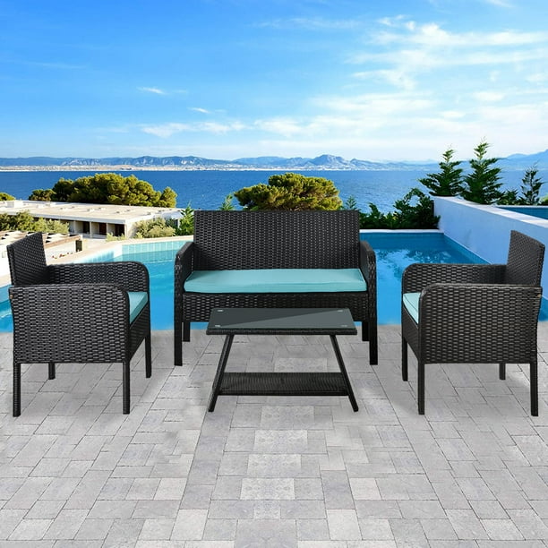 4 Pieces Patio Conversation Sets Seating With 2 Arm Chairs 1 Love Seat And Coffee Table Brown Wicker Bistro Outdoor For Backyard Poolside Garden Lawn Blue Cushions W9893 Com 4 Pieces Patio Conversation Sets, Outdoor Conversation Furniture