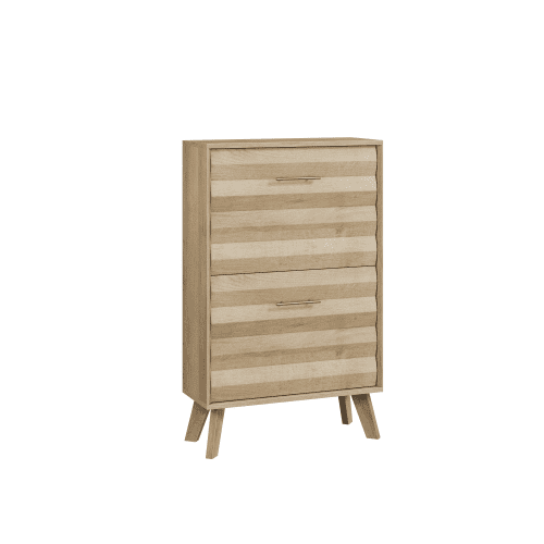 23.6" Slim Flip-Top Shoe Cabinet, Oak Wood Entryway Shoe Storage Cabinet with Double Tilt-Out Doors, Open Shelf, Mid-Century Modern Freestanding Shoe Organizer for Entryway & Hallway