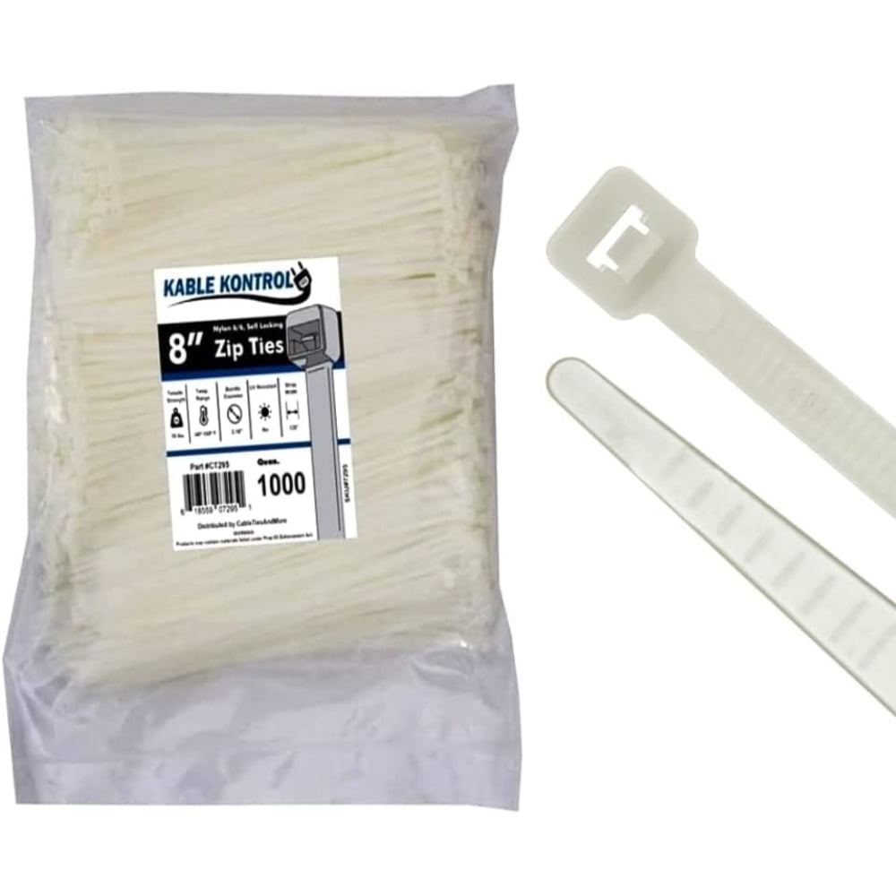 Kable Kontrol Clear Zip Ties 8" Inch Long Natural Nylon 18 Lbs