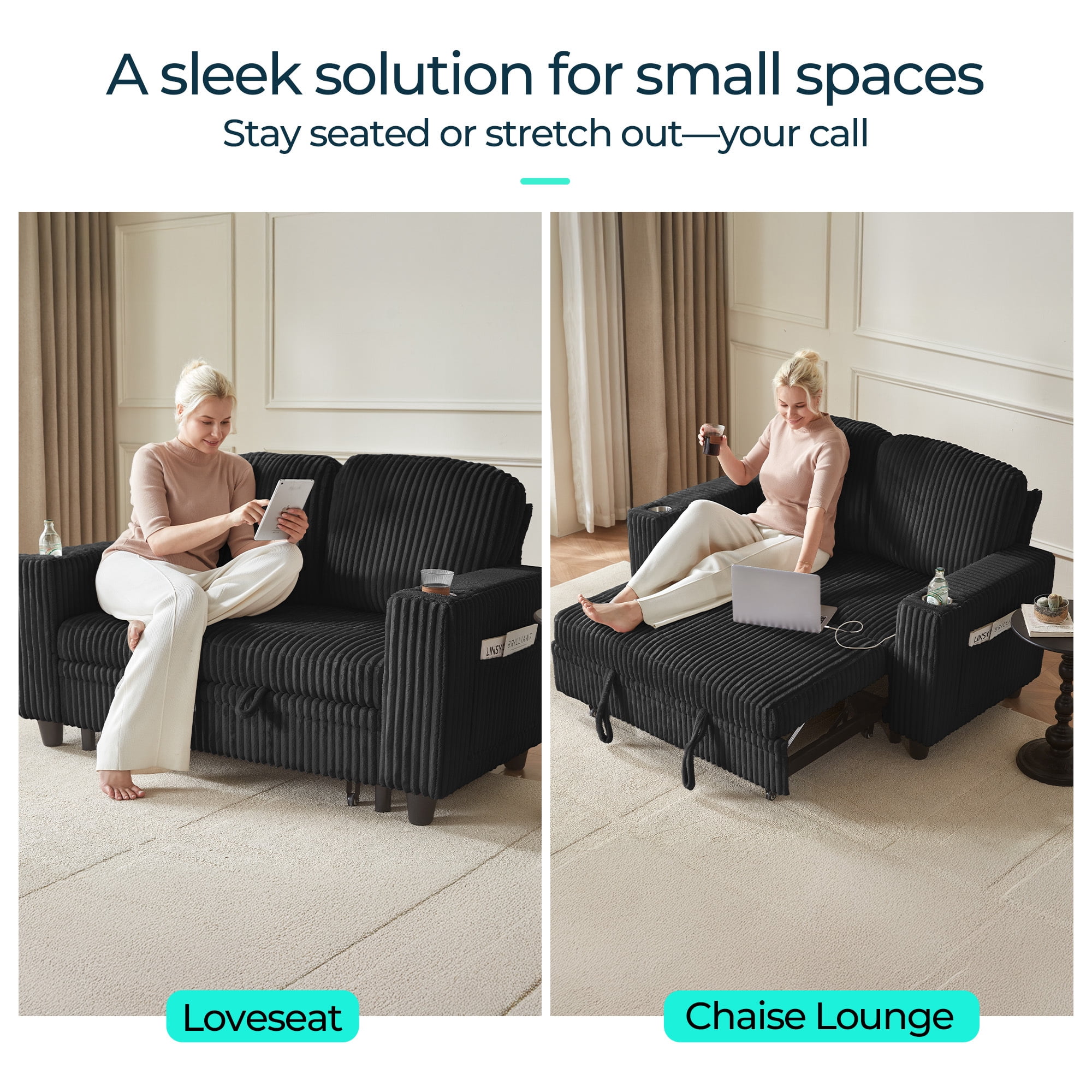 LINSY HOME Pull Out Couch Chaise Lounge for Living Room, Convertible Loveseat Sofa Couch With Usb & Cup Holder, Black