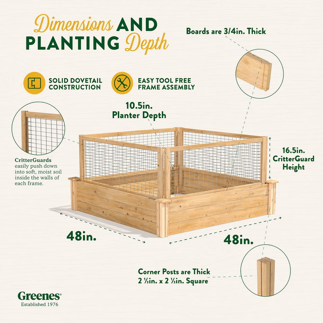 Greenes Fence 4' x 4' x 10.5" (3/4" Thick) Premium Cedar Raised Garden Bed with CritterGuard Fence System