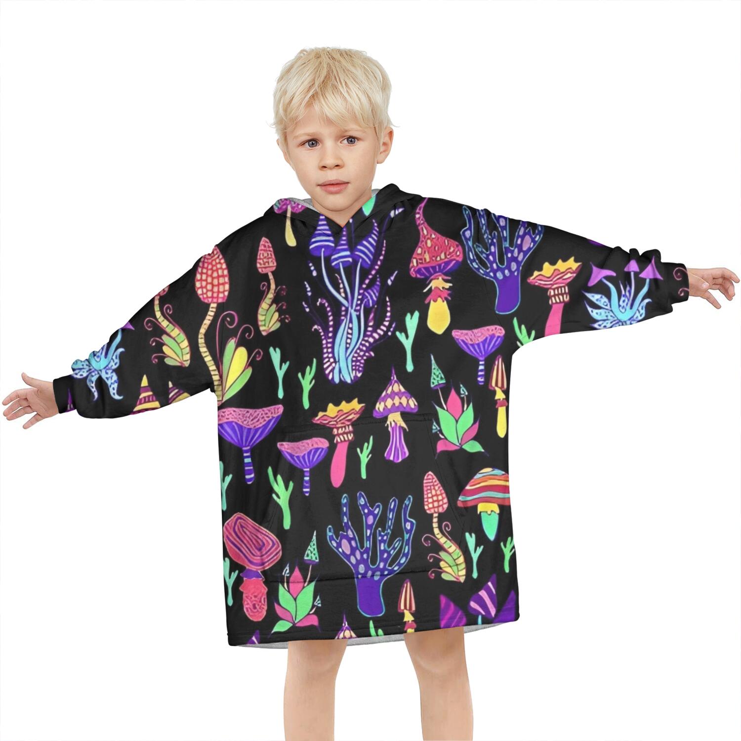 Purple Mushroom Black Pattern Blanket Hoodies for Kids 6-13YR Oversize Wearable Blanket Hoodies for Boys Girls Teens