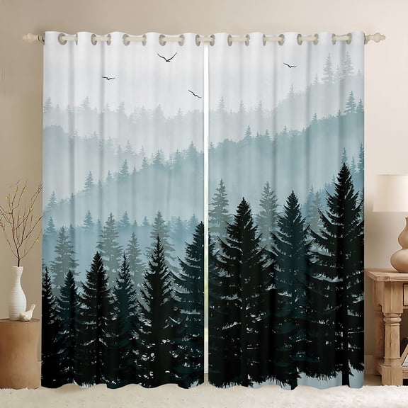 Feelyou Grey Blue Pine Tree Black Out Curtains, Jungle Plant Botanical Curtains Pack of 2 (42x63 Each), Nature Scenery Print Bedroom Curtains, Curtains and Drapes Room Decor