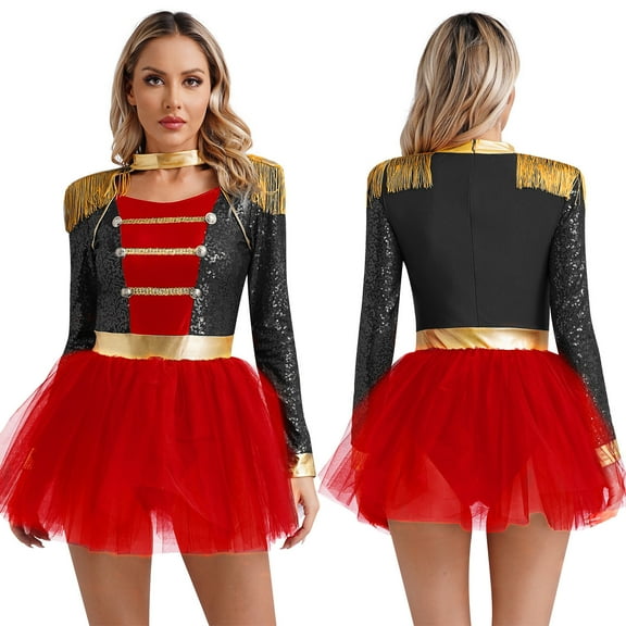 iiniim Women's Zipper Back Tassel Shoulder Long Sleeves Leotard Tutu Dress Size S-3XL Black M
