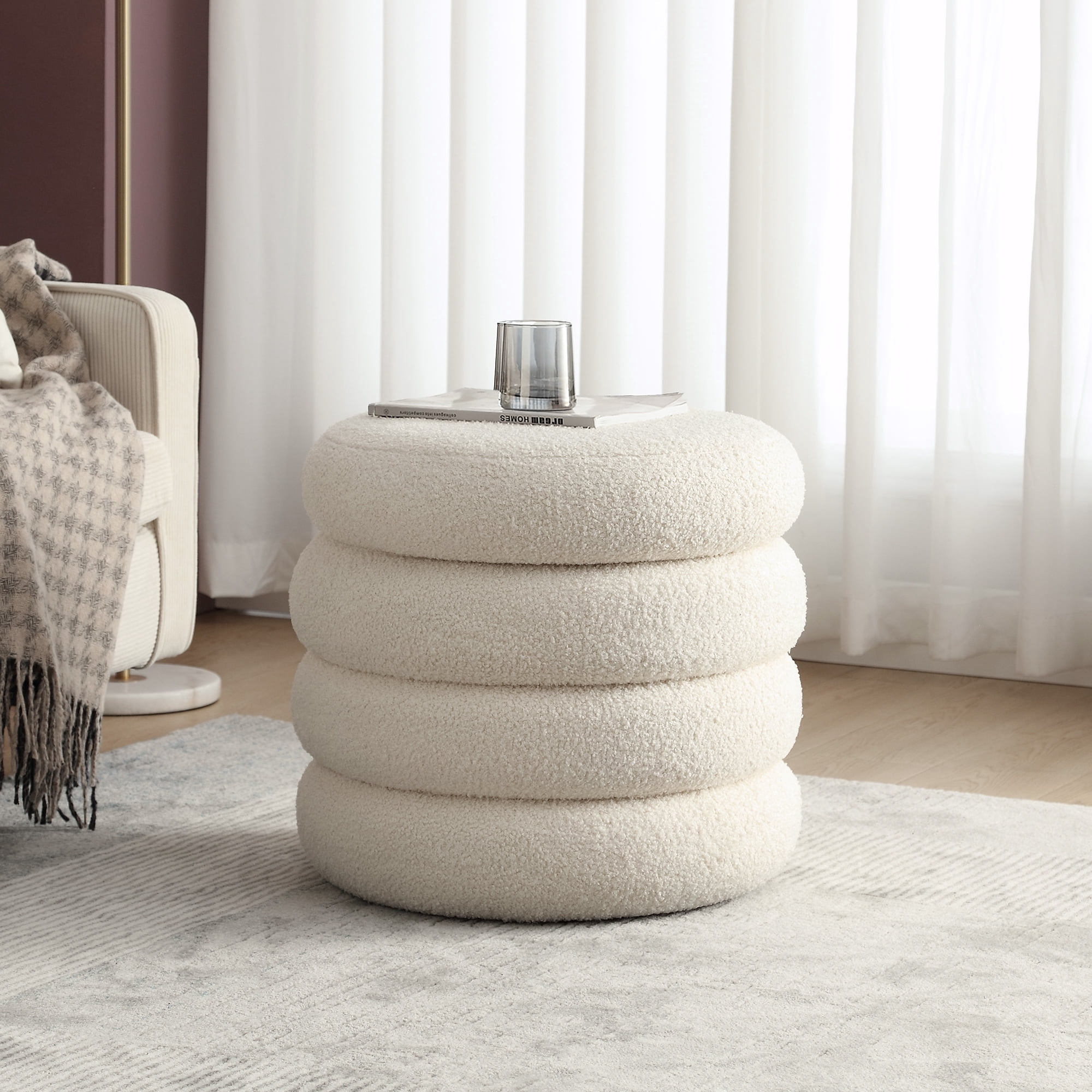 Zesthouse 19.5" Wide Round Boucle Storage Ottoman, Tufted Sherpa Ottoman Footstool for Living Room Bedroom, White