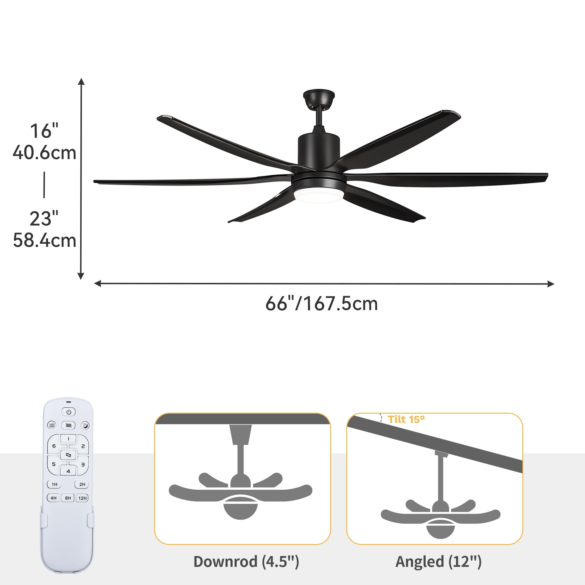 Dextrus Modern 66" 6-Blade Ceiling Fan with LED Light, 6-Speed Reversible Outdoor Ceiling Fan for Patio, Quiet DC Motor, App & Remote Control (Black)