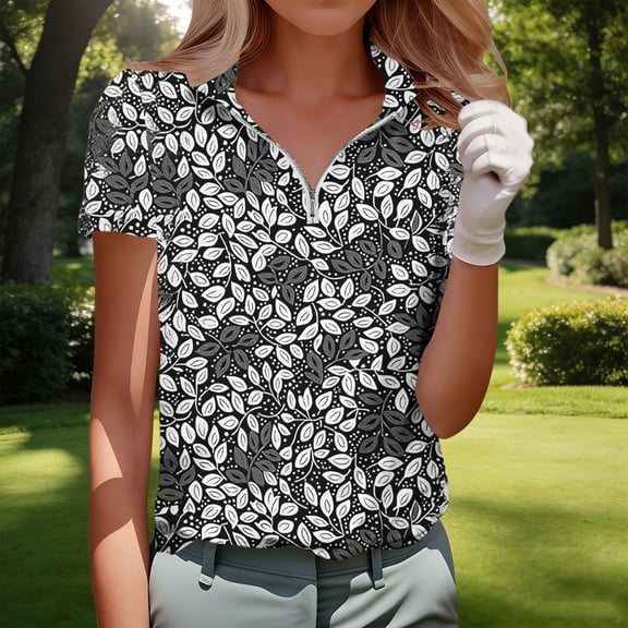 IUYRTFE Women's Golf Golf shirt Shirt Leaf Print Quarter Zip Collared Short Sleeve Casual Athletic Top
