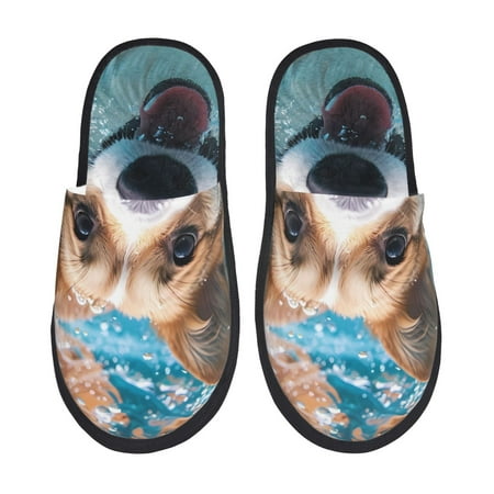 Balery Sea Swimming Corgi Slient Indoor Furry Fleece Comfort House Shoes Soft Non-Slip Home Shoes Cotton slippers House Slippers-- Large