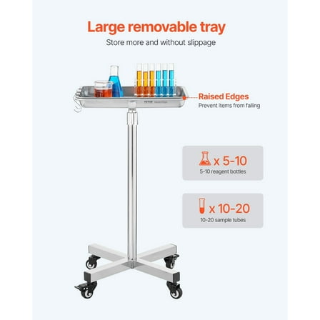 STAWAY Stainless Steel Mayo Stand - Adjustable Height 25.2"-39.8", Removable Tray, 360° Silent Casters, Durable & Easy to Clean for Salon, Lab, Dental, Tattoo Use