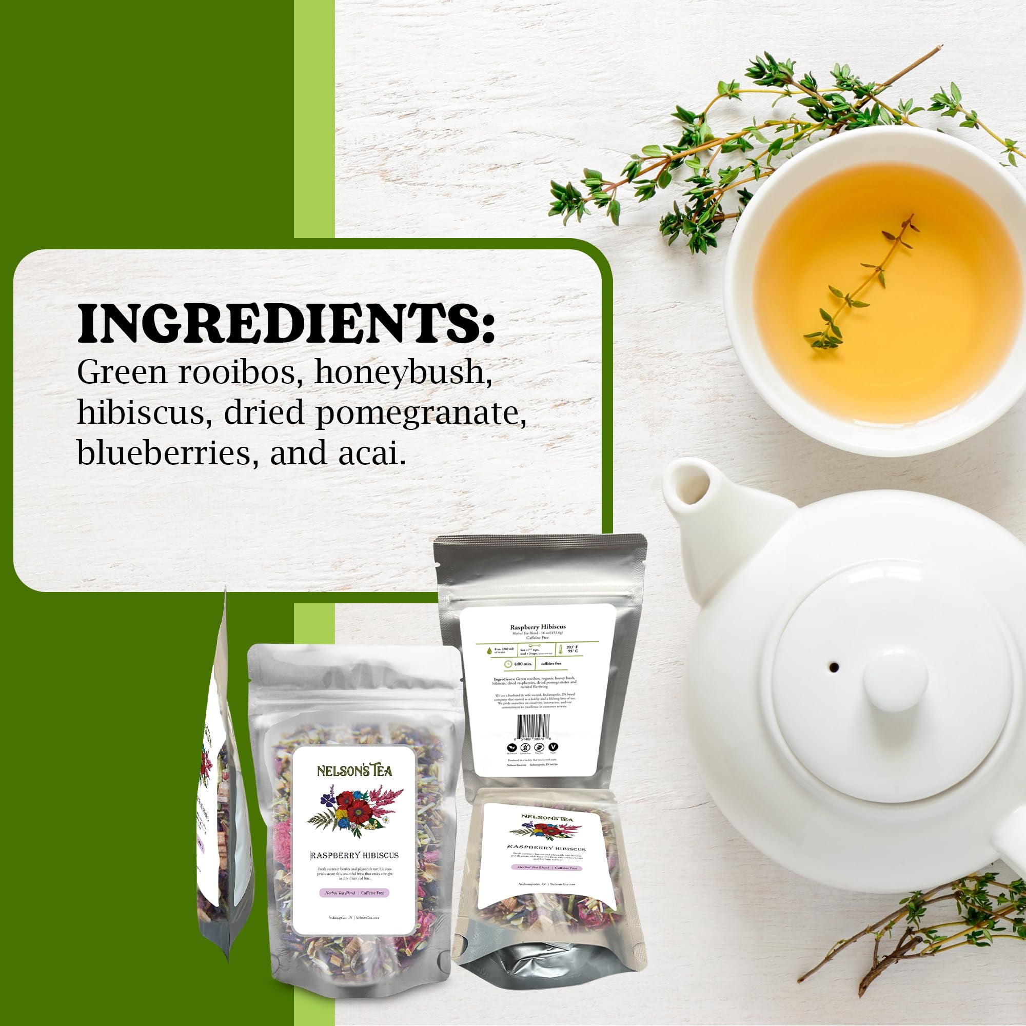 Nelson's Tea Raspberry Hibiscus Tea - Cut & Sifted Green Rooibos Tea, Honeybush, Dried Raspberries, Acai, and Pomegranate Loose Leaf Tea (16 oz)