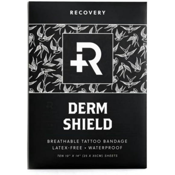 Recovery Derm Shield Tattoo Aftercare Bandages - Transparent, Waterproof Adhesive Bandages - 25.4 x 35.56 cm, 10 Pack