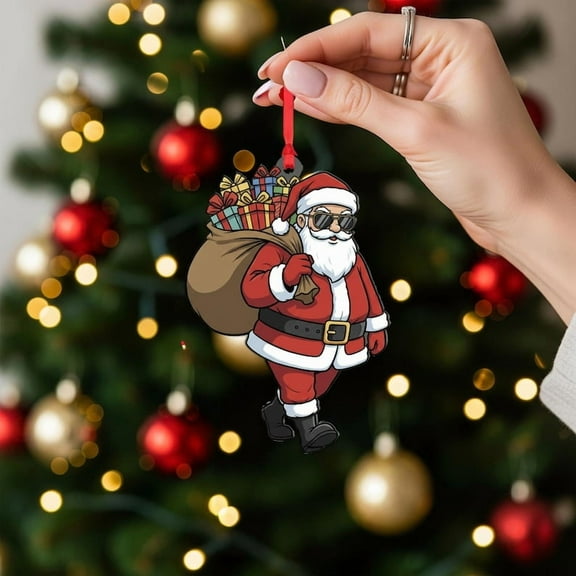 ViciArt Santa Claus Christmas Ornament, Sunglasses & Gift Sack Holiday Decoration, Acrylic/Fiber Wood