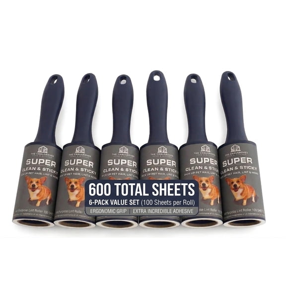 The Chalgroves Extra Sticky Lint Roller for Pet Hair, 600 Sheets, 6-Pack, Ergonomic Handles, Cat and Dog Hair Remover