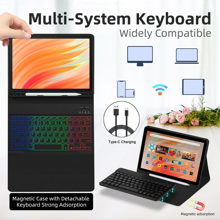 Keyboard Case For Kindle Fire HD 10 & 10 Plus (2021/2023) - Detachable Bluetooth Keyboard With Mouse, English Layout