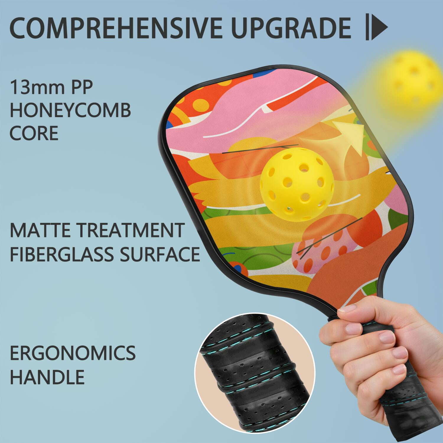 Pickleball Paddles Set Of 2, Fiberglass Surface, Tropical Jungle Print, 4 Balls & Bag