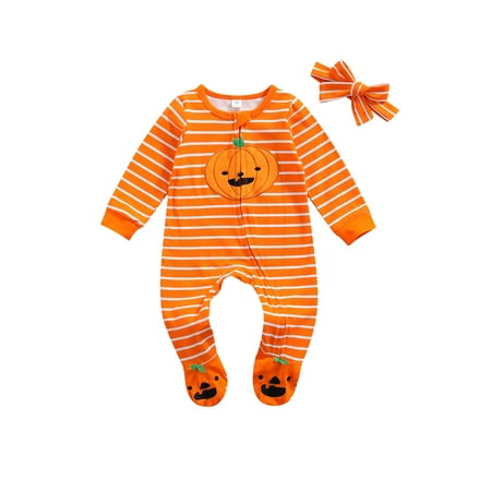 

Qiylii Baby Halloween Stripe Bodysuit Pumpkin Pattern Zipper Romper+Headdress