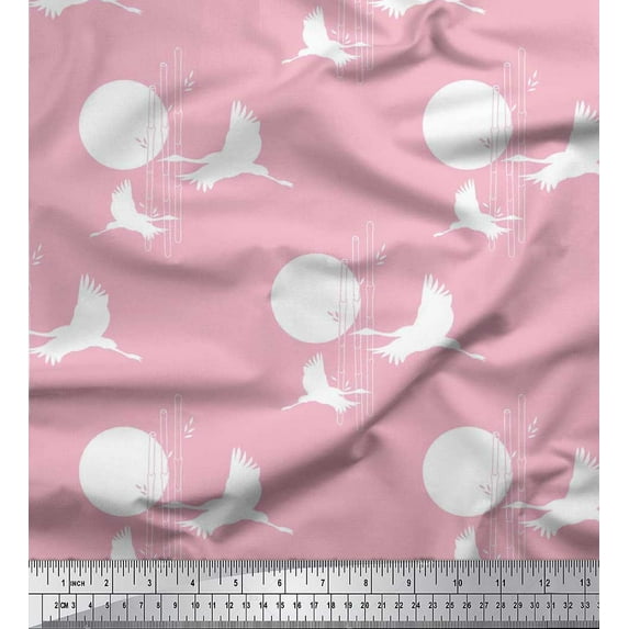 Soimoi Moss Georgette Fabric Bamboo Tree,Moon & Stork Bird Print Sewing Fabric Yard 42 Inch Wide
