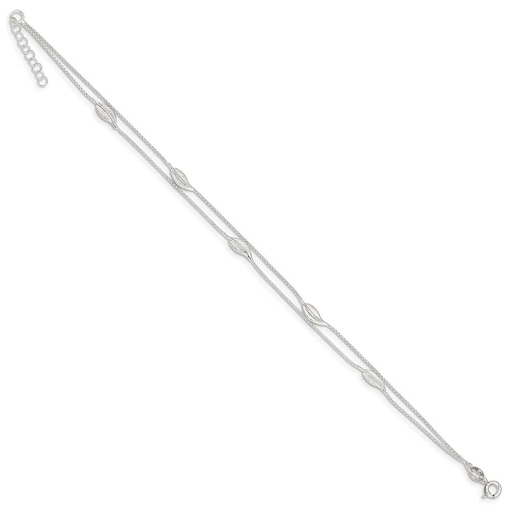 Sterling Silver Polished 2-Strand Feather 9" Plus 1in Ext Anklet