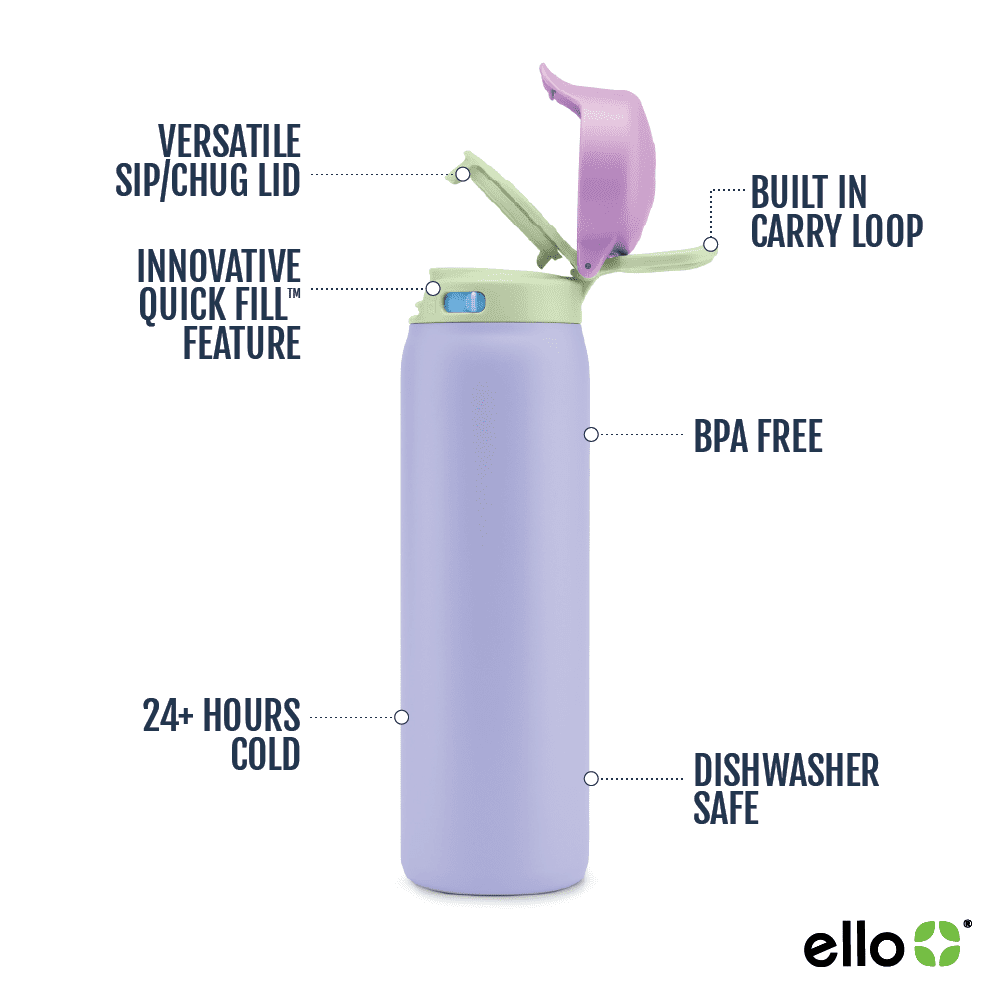 Ello Flip & Fill 22oz Insulated Stainless Steel Water Bottle, Leak