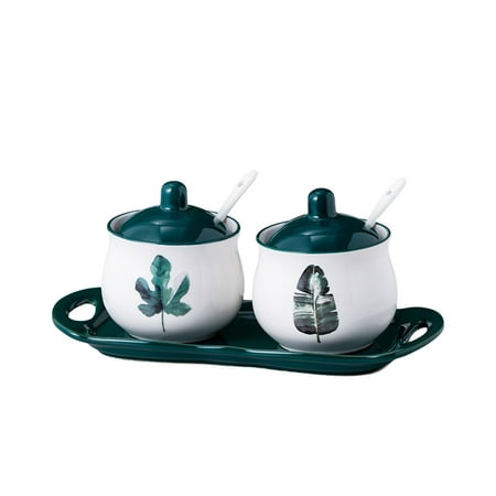 

Nordic Sugar Bowl With Lid Green Plant Pattern Storage Jar 200ml/7oz Porcelain Sugar Pot Spice Jar Salt Pot For Coffee Bar Restaurant Home-3 Set of a-200ml