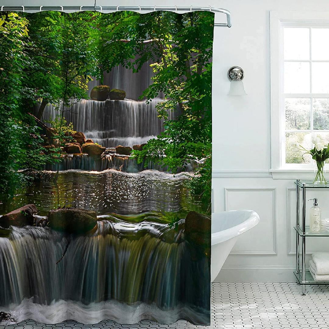 Tropical Jungle Waterfall Shower Curtain Green Plant Tree Leaves Stone