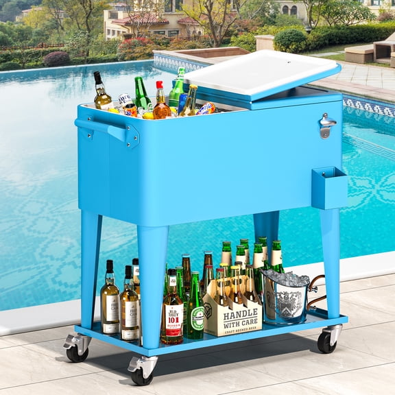 Uforic 80 Quart Patio Rolling Cooler Cart, Outdoor Portable Beverage Ice Chest Cart, with Bottle Opener, Drain & Storage Shelf , Blue