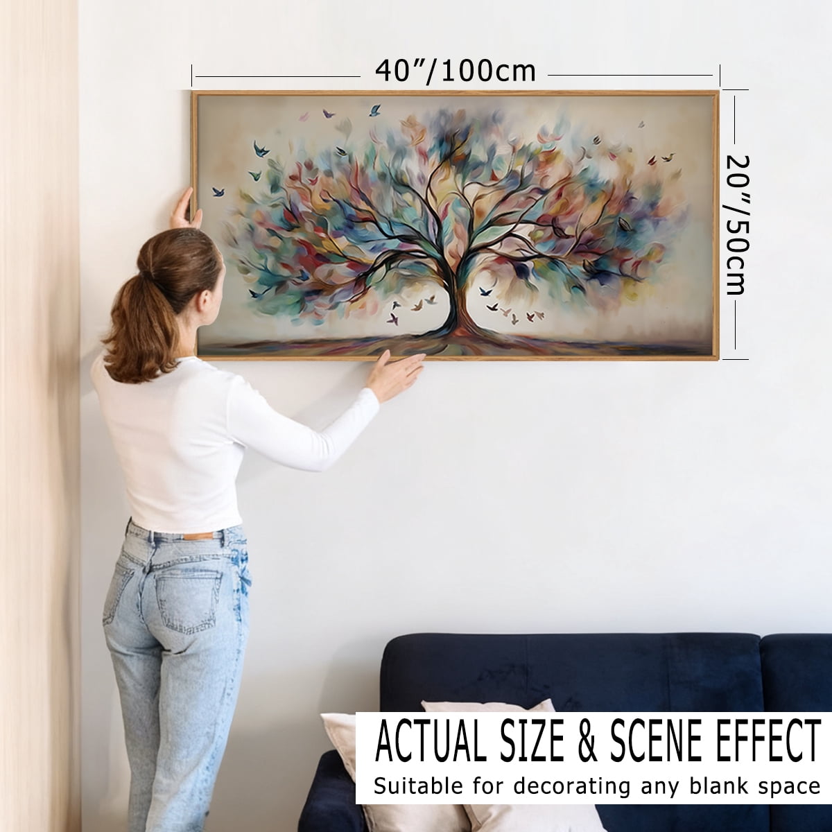 TOARTi Tree of Life Framed Canvas Wall Art Abstract Bird with Colorful Leaves Painting Nature Big Tree Decor for Living Room Bedroom Office 20x40 Inch
