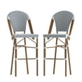 thumbnail image 2 of Merrick Lane Set of Two Indoor/Outdoor Stacking French Bistro Bar Stools with White and Navy Patterned Seats and Backs & Bamboo Finished Metal Frames, 2 of 12