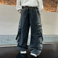 thumbnail image 6 of KAUOD Boys Wide Leg Cargo Jeans with 6 Pockets Strap Detail Retro Loose Stretchy Denim Pants Kids Y2k Hip Hop Streetwear, 6 of 9