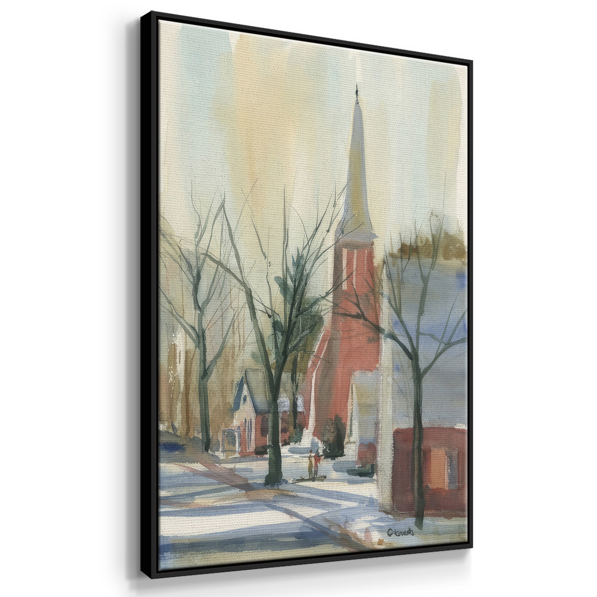 New England Main Street - Framed Gallery Wrapped Holiday Canvas - 27 x 41 - Black Frame
